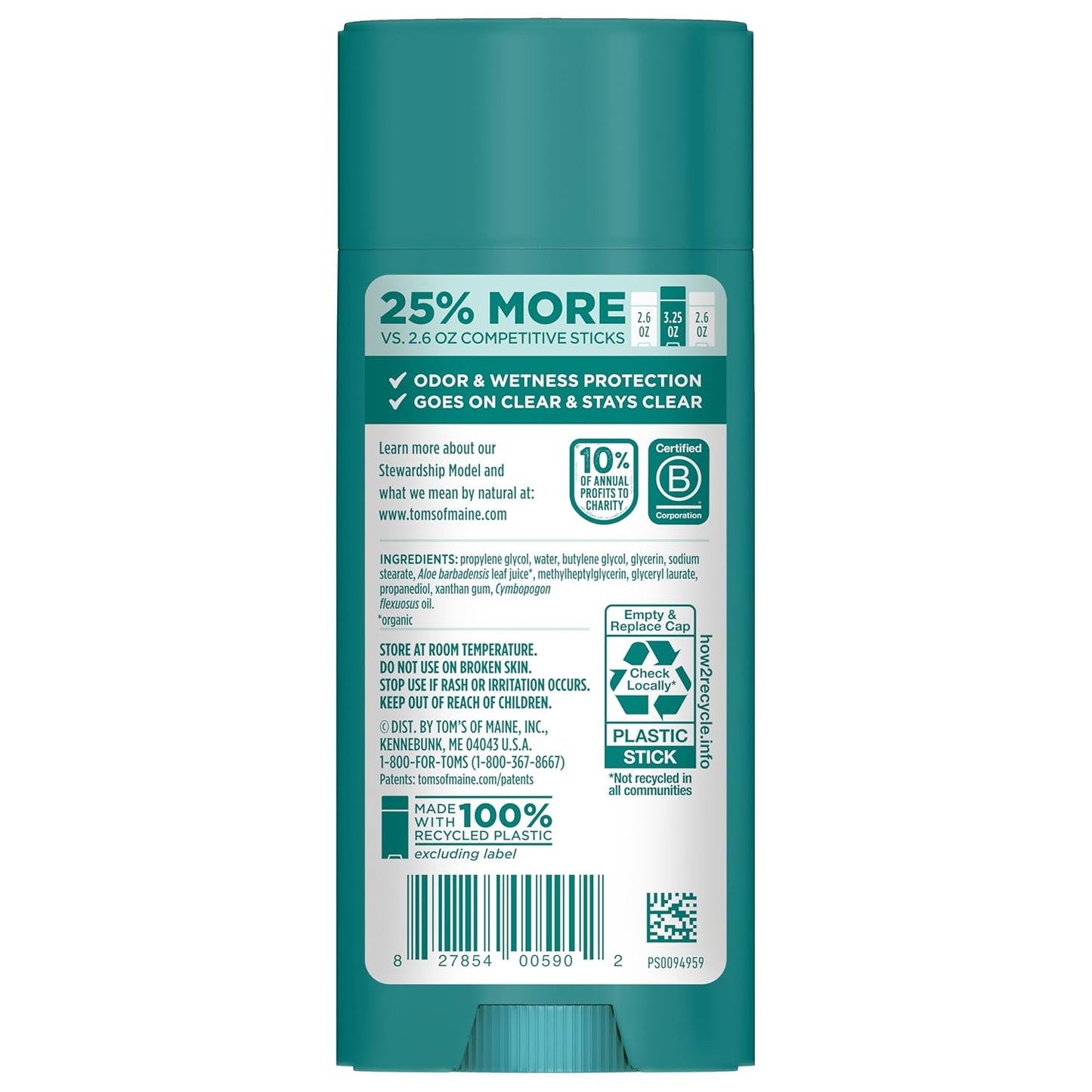 Tom's Of Maine Deodorant Stick, Unscented, Case of 6, 3.25 Oz.