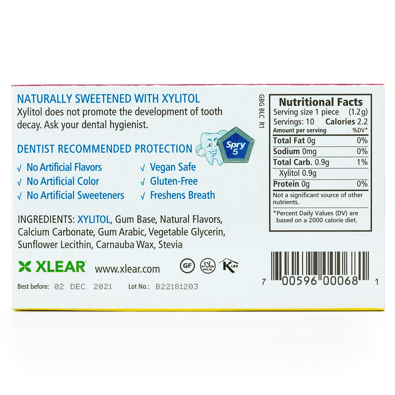 Spry Xylitol Chewing Gum, Natural Bubblegum Flavor, Sugar Free, Gluten Free, 10 Pieces per Pack, Case of 20