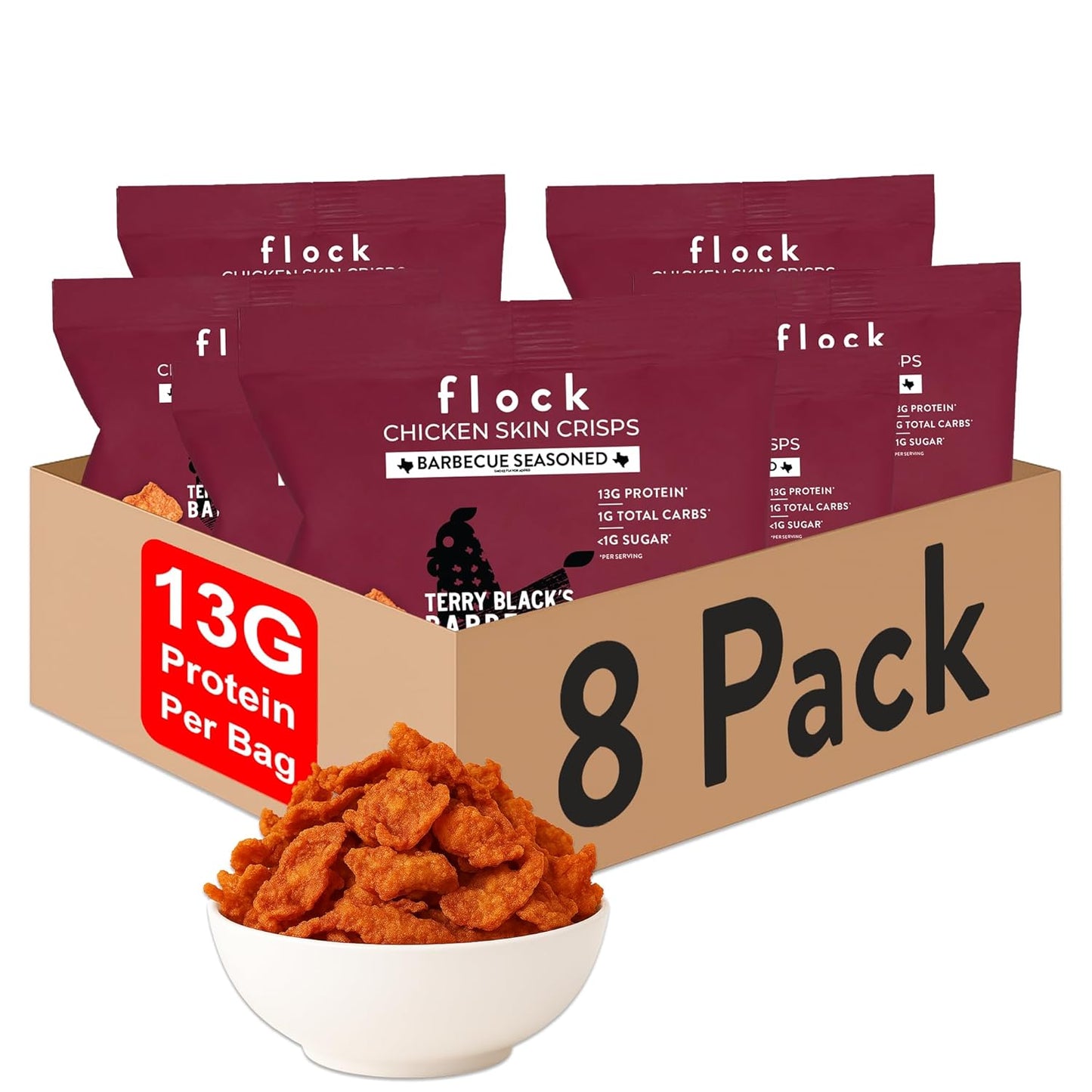 Flock Chicken Skin Chips, BBQ, 2.5 oz., Pack of 8