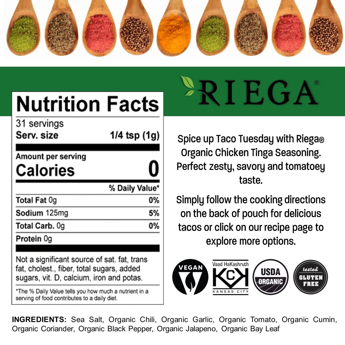 Riega Foods Chicken Tinga Taco Seasoning, Case of 8, 1.1 oz