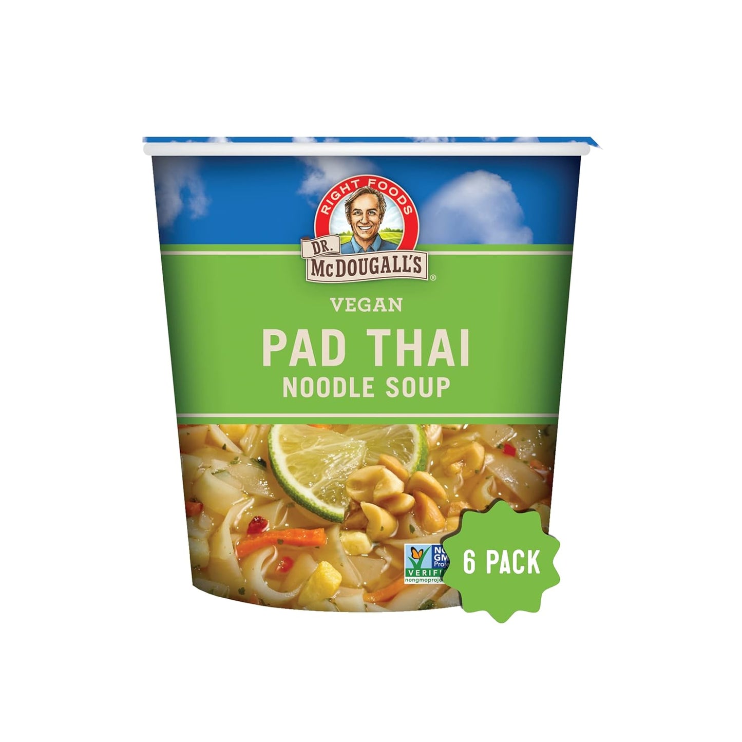 Dr. McDougall's Plant-Based Pad Thai Noodle Soup Big Cup, Pack of 6, 2 Oz.