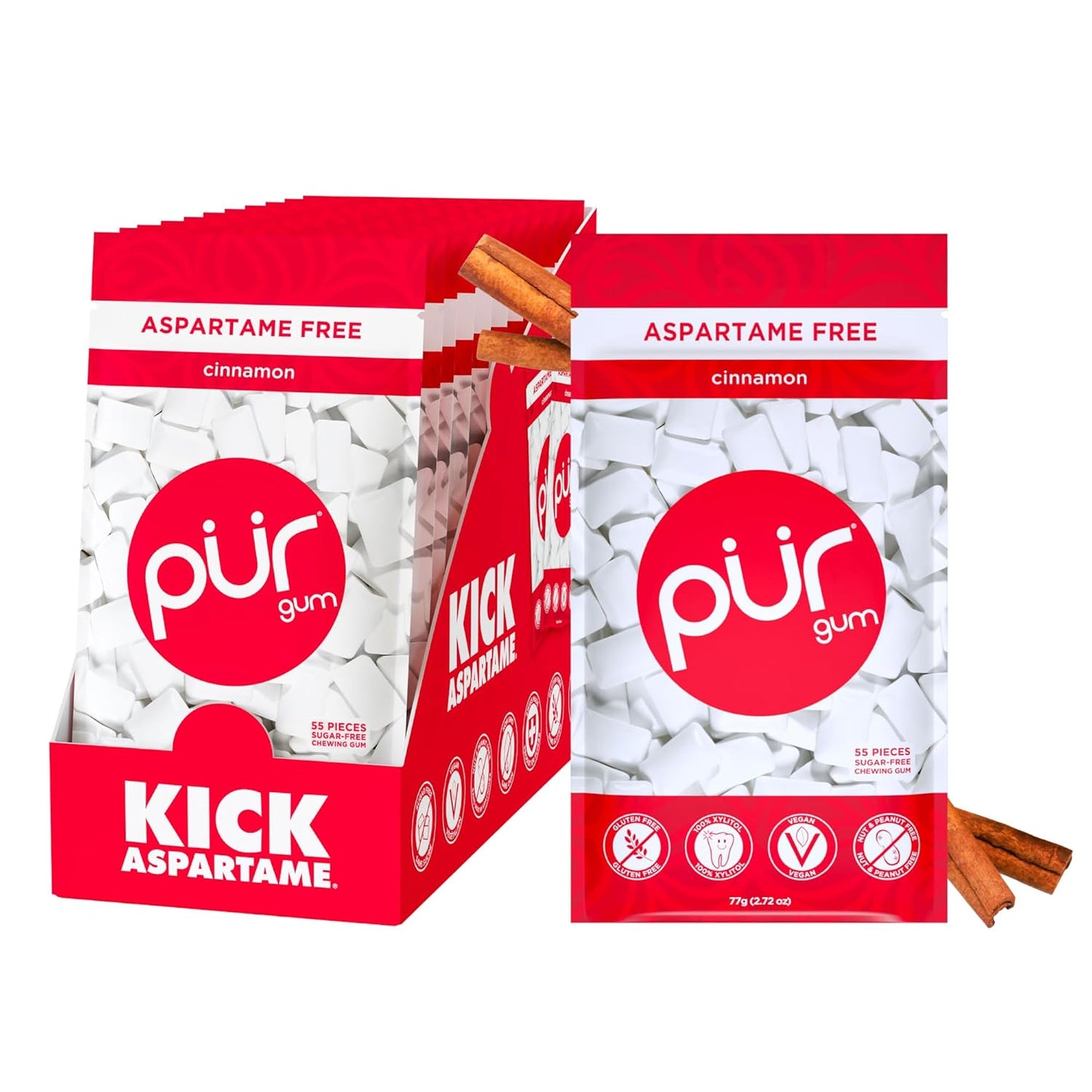 PUR Cinnamon Gum, Sugar-Free, 2.72 oz, Pack of 12