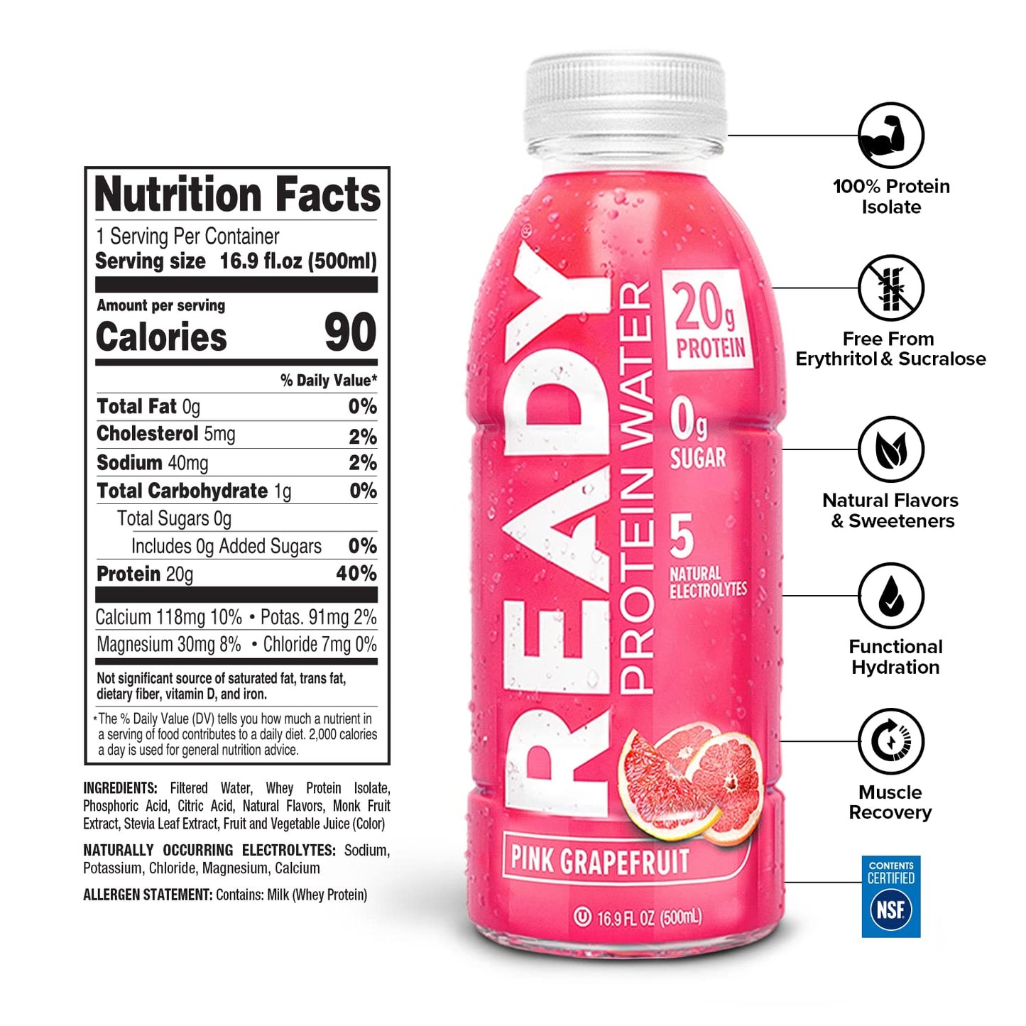 Ready Water Protein Pink Grapefruit - 20g Protein, Gluten-Free, Sugar-Free Hydration | Case of 12 (16.9 fl oz Each)