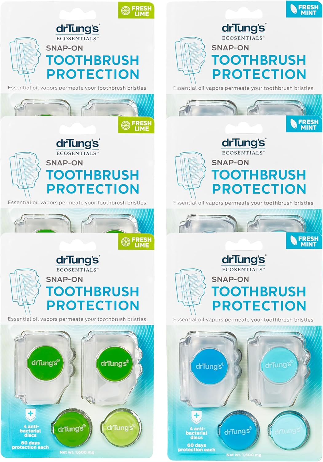 Dr. Tung's Snap-On Toothbrush Sanitizer, Natural Antibacterial Protection, Fresh Mint or Lime, 4 Discs