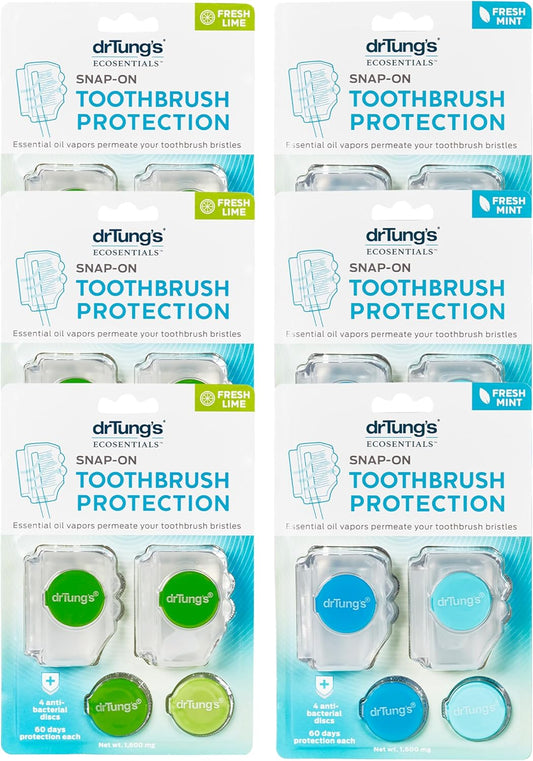 Dr. Tung's Snap-On Toothbrush Sanitizer, Natural Antibacterial Protection, Fresh Mint or Lime, 4 Discs