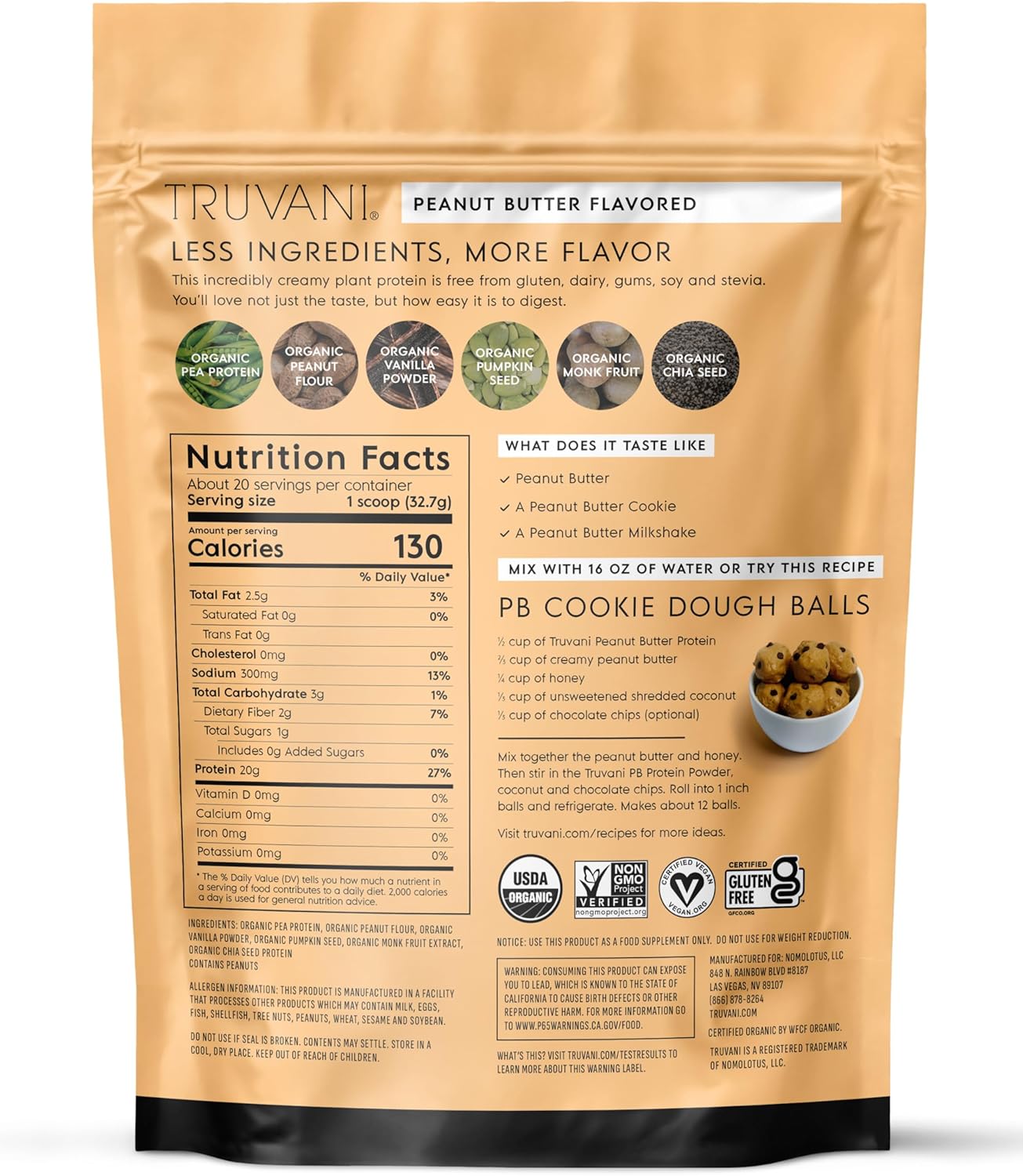 Truvani Certified Organic Peanut Butter Protein Powder, 10 Servings