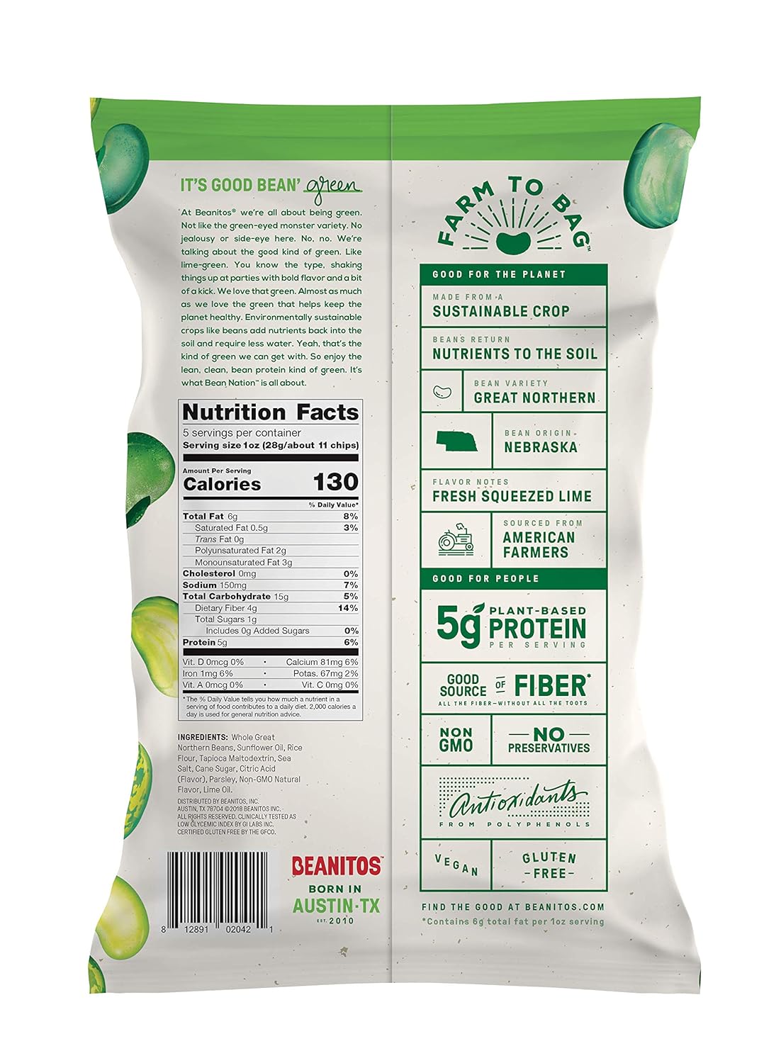 Beanitos White Bean Chips, Hint of Lime, Gluten-Free, High Protein, Case of 6, 5 oz