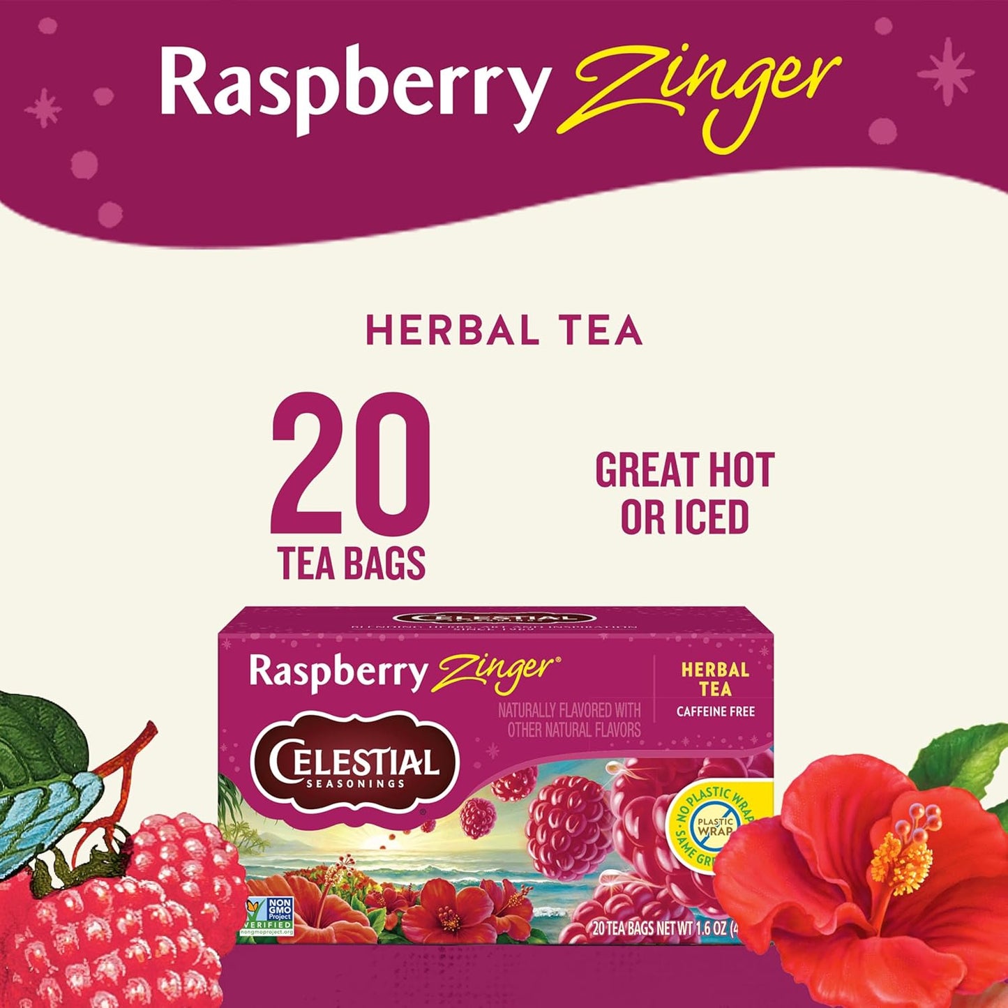 Celestial Seasonings Raspberry Zinger Herbal Tea, Caffeine-Free, 20 Tea Bags, Pack of 6