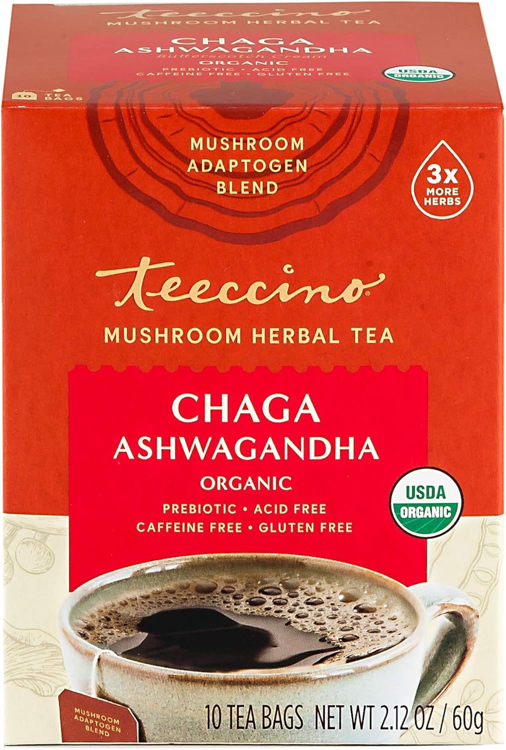 Teeccino Mush Tea, Chaga Ashwagandha Mind Boost, Case of 6, 10 Bags Per Box