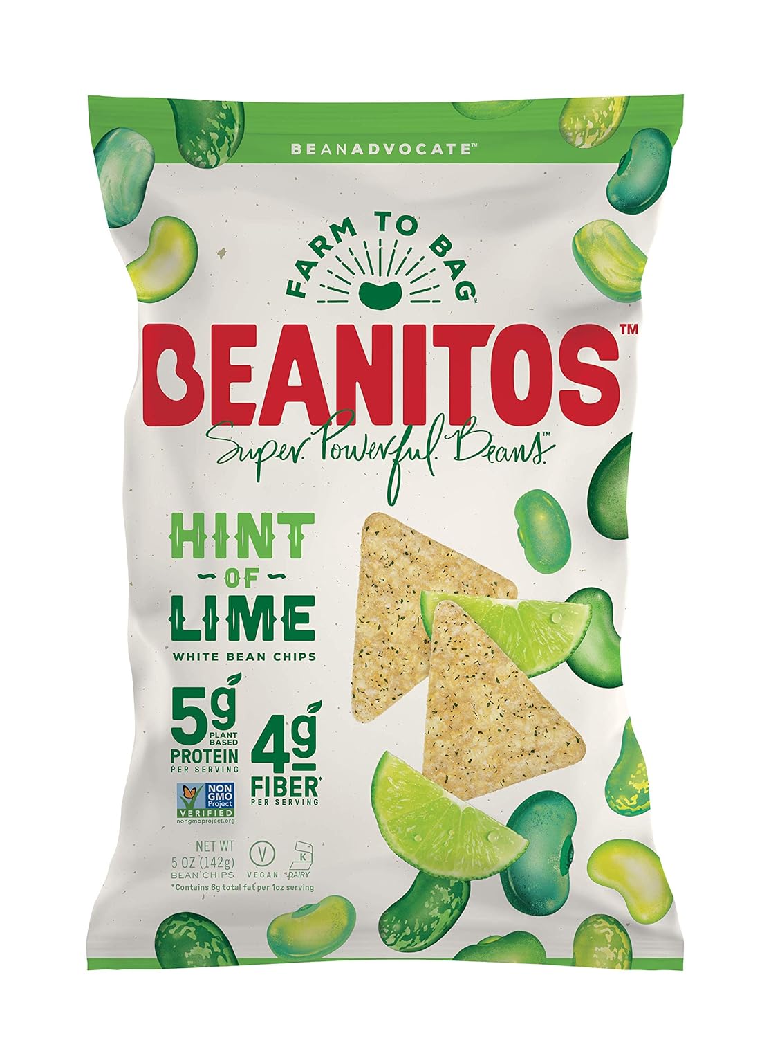 Beanitos White Bean Chips, Hint of Lime, Gluten-Free, High Protein, Case of 6, 5 oz
