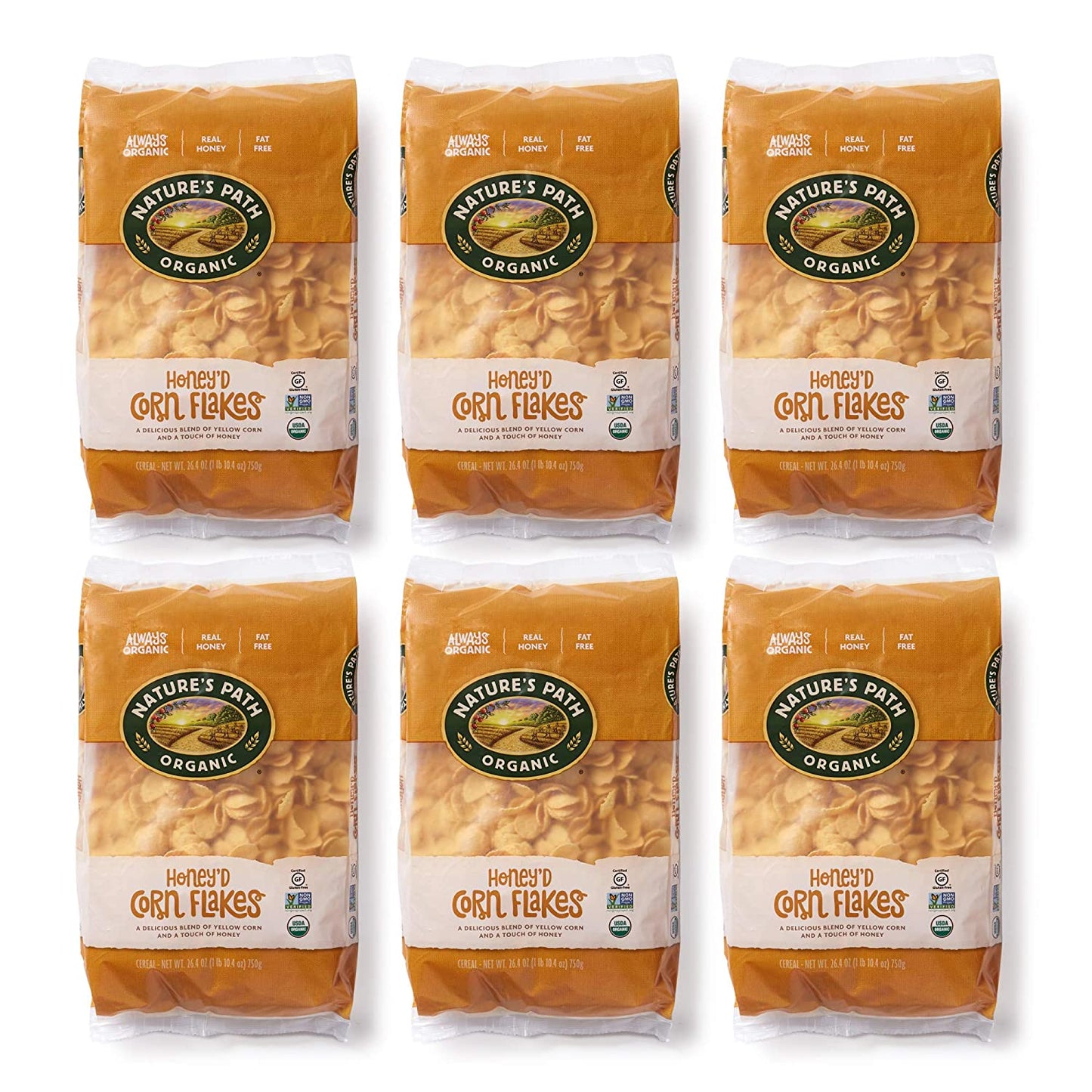 Nature's Path Organic Honey'd Corn Flakes, 6 x 26.4 Oz. - Sweetened with Honey
