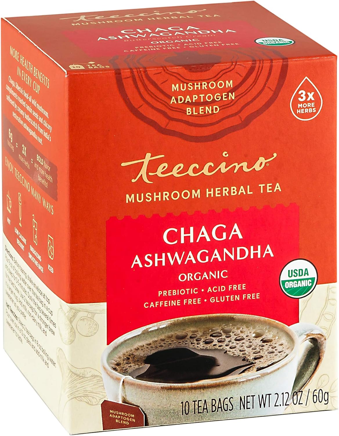 Teeccino Mush Tea, Chaga Ashwagandha Mind Boost, Case of 6, 10 Bags Per Box