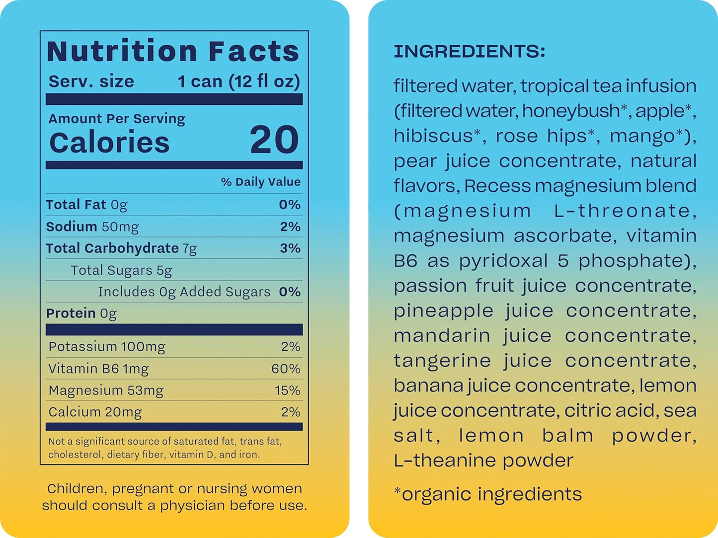 Recess Sparkling Water Tropical Bliss, Magnesium Infused - 12 fl oz  (Pack of 12)