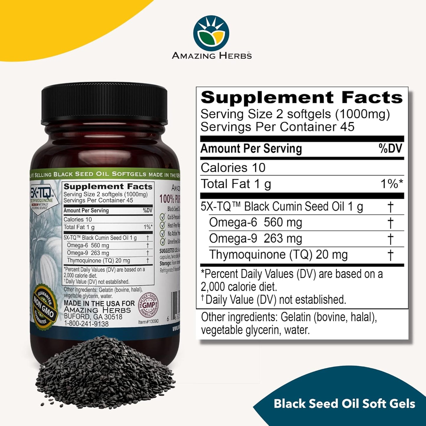 Amazing Herbs Black Seed Oil Softgels – Cold-Pressed Nigella Sativa (Pack of 3)