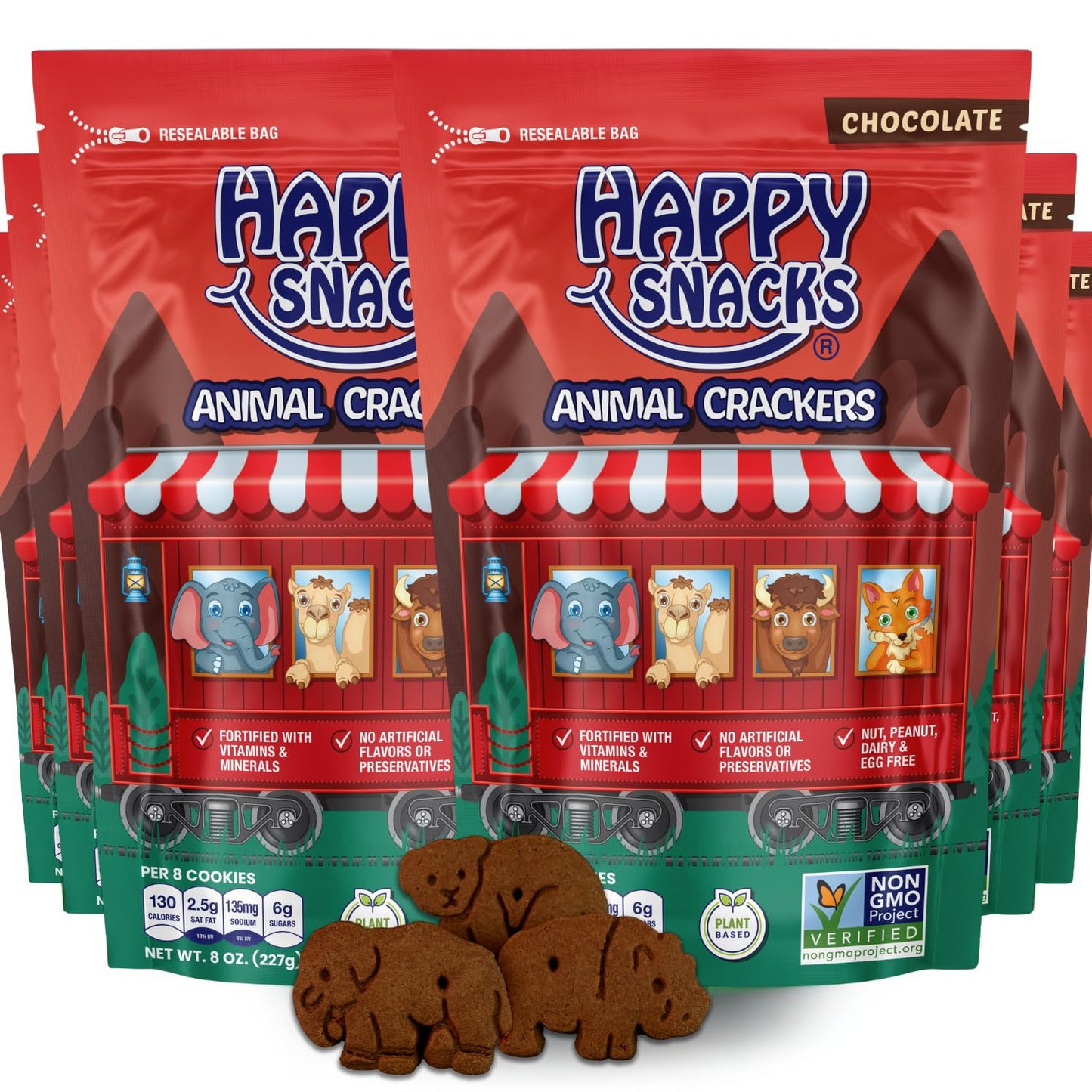 Happy Snacks Chocolate Circus Animal Crackers (6 Bags x 8 Oz) - Dairy Free & Plant Based Snack