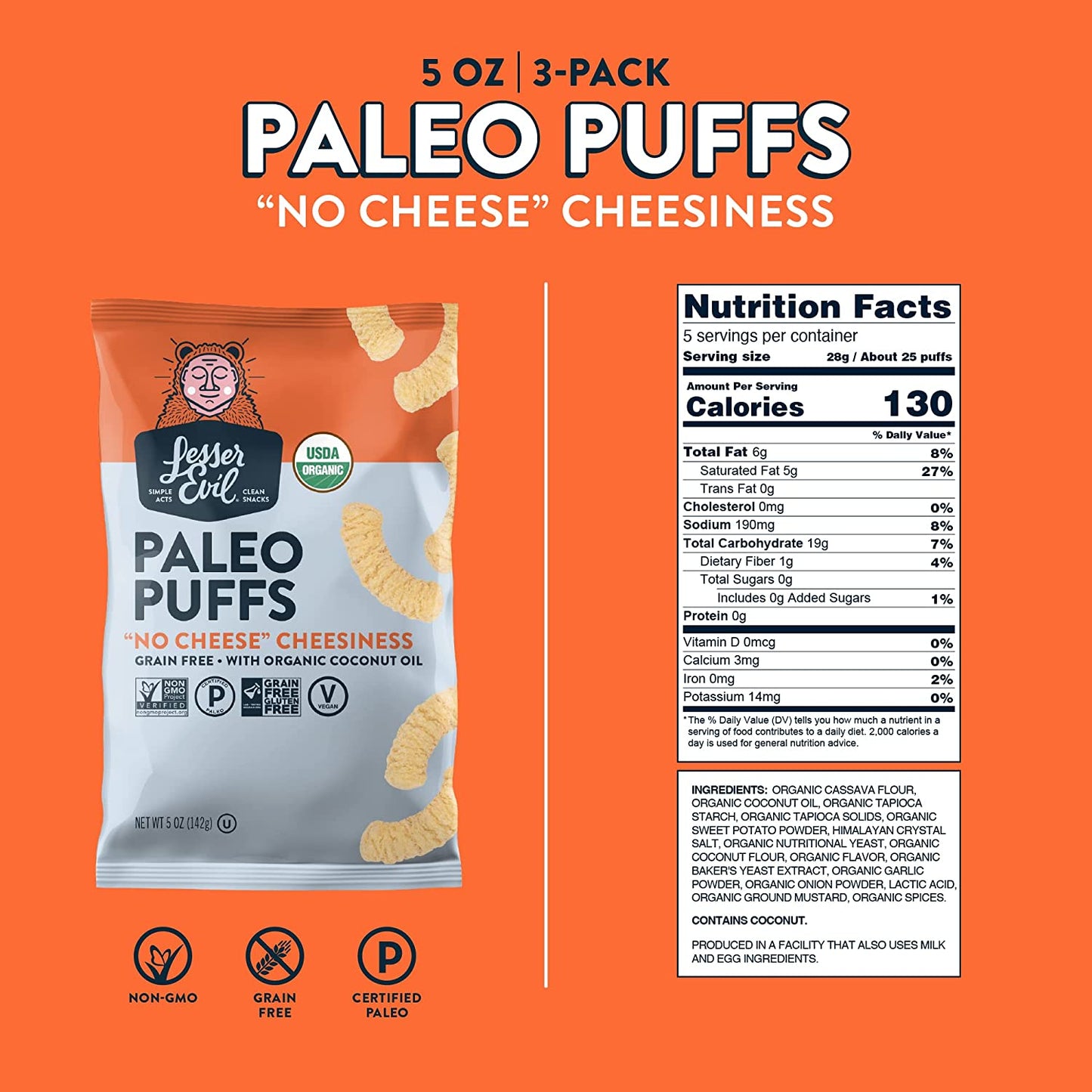Lesser Evil Paleo Puffs Crunch - No-Cheese Cheesiness (Pack of 9 - 5 Oz.)