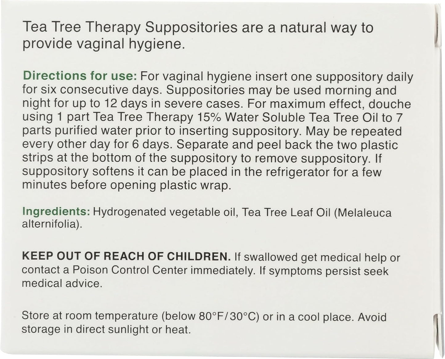 Tea Tree Therapy Women's Suppositories with Tea Tree Oil, Pack of 6 Suppositories