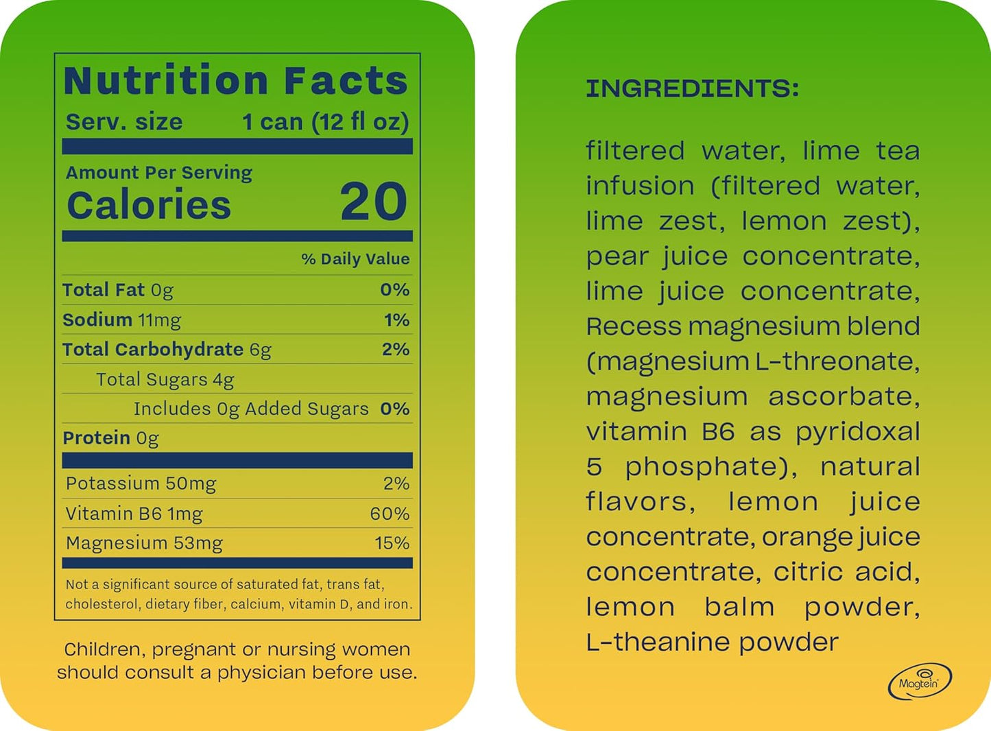 Recess Sparkling Water Lime Citrus Magnesium, Pack of 12, 12 Fl Oz