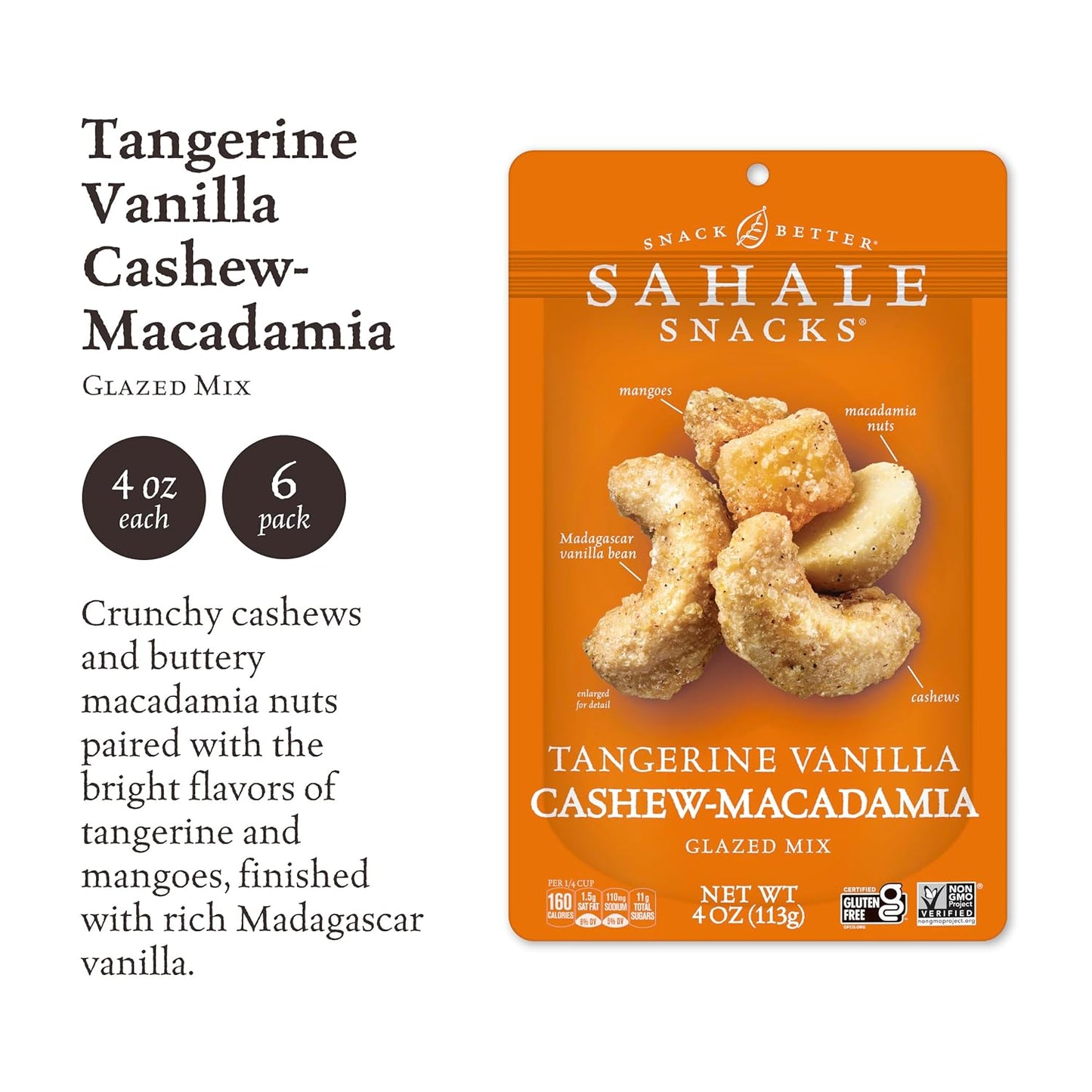 Sahale Tangerine Vanilla Cashew-Macadamia Glazed Snack Mix, 4 oz, Pack of 6