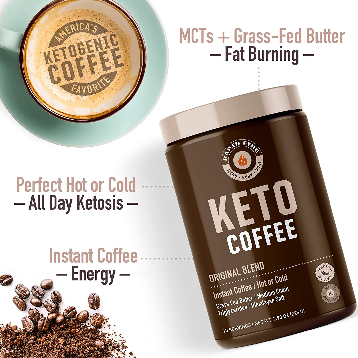 Rapid Fire Ketogenic Fair Trade Instant Keto Coffee Mix - Canister of 7.93 Oz
