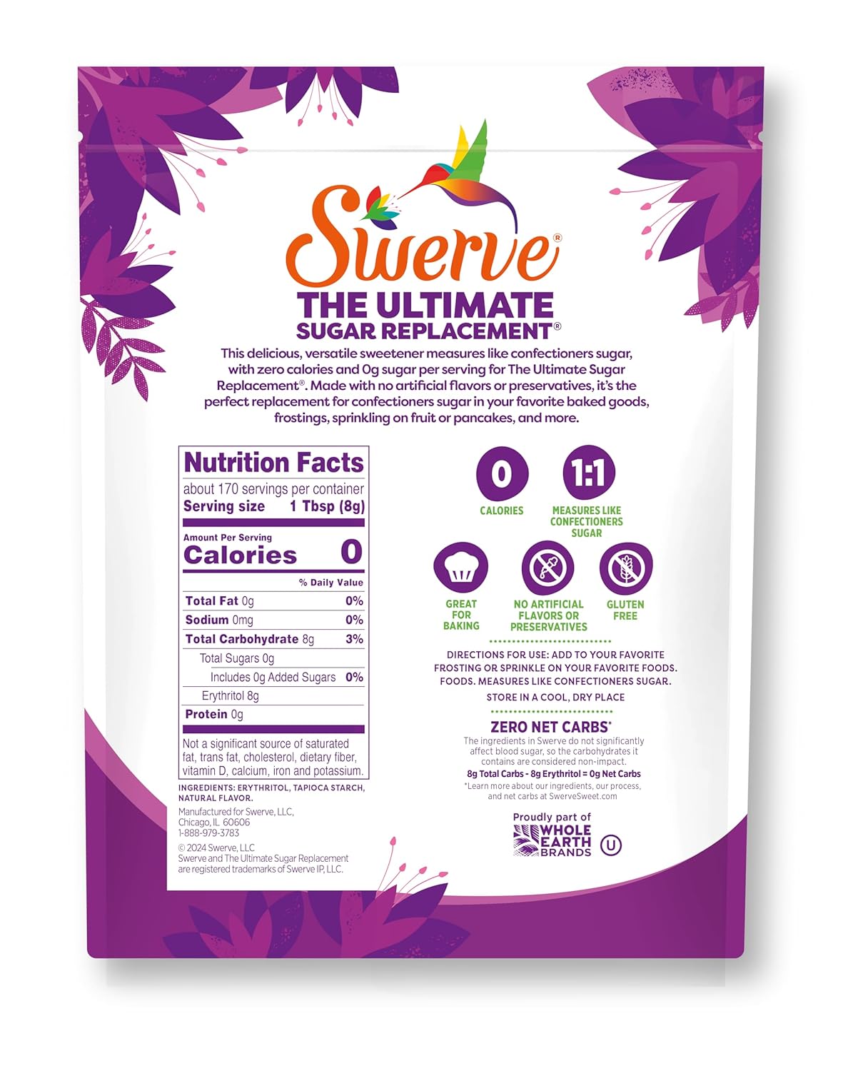 Swerve Confectioners Sweetener, Zero Calorie Sugar Replacement, Case of 6 (12 oz)