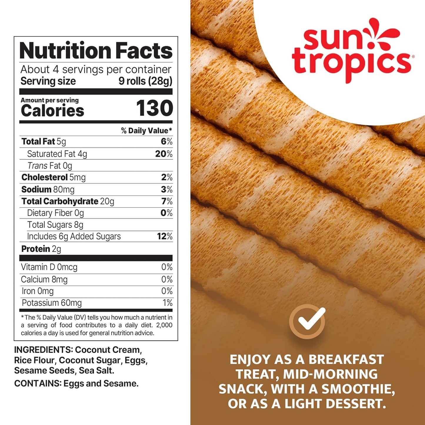 Sun Tropics Coco Rolls, Original Rolled Coconut Wafers (Pack of 12, 4 Oz.)