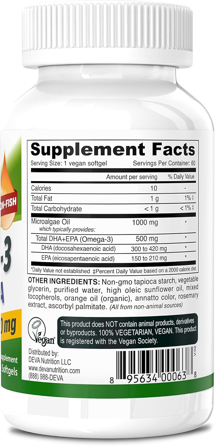 Deva Vegan Omega-3, 500mg DHA + EPA, Plant-Based Omega Fatty Acids, 60 Capsules