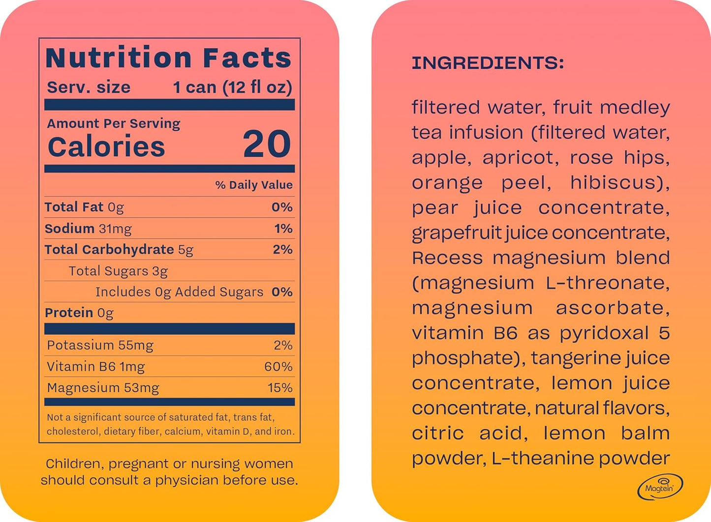 Recess Sparkling Water, Grapefruit Tangerine + Magnesium, 12 fl oz, 12-Pack