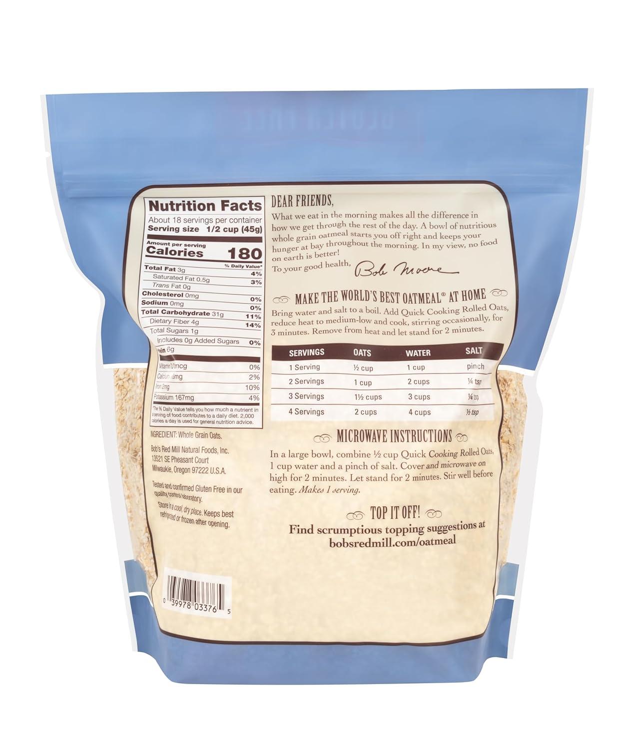 Bob's Red Mill Organic Quick Cooking Rolled Oats, Gluten Free, 16 oz, Pack of 4