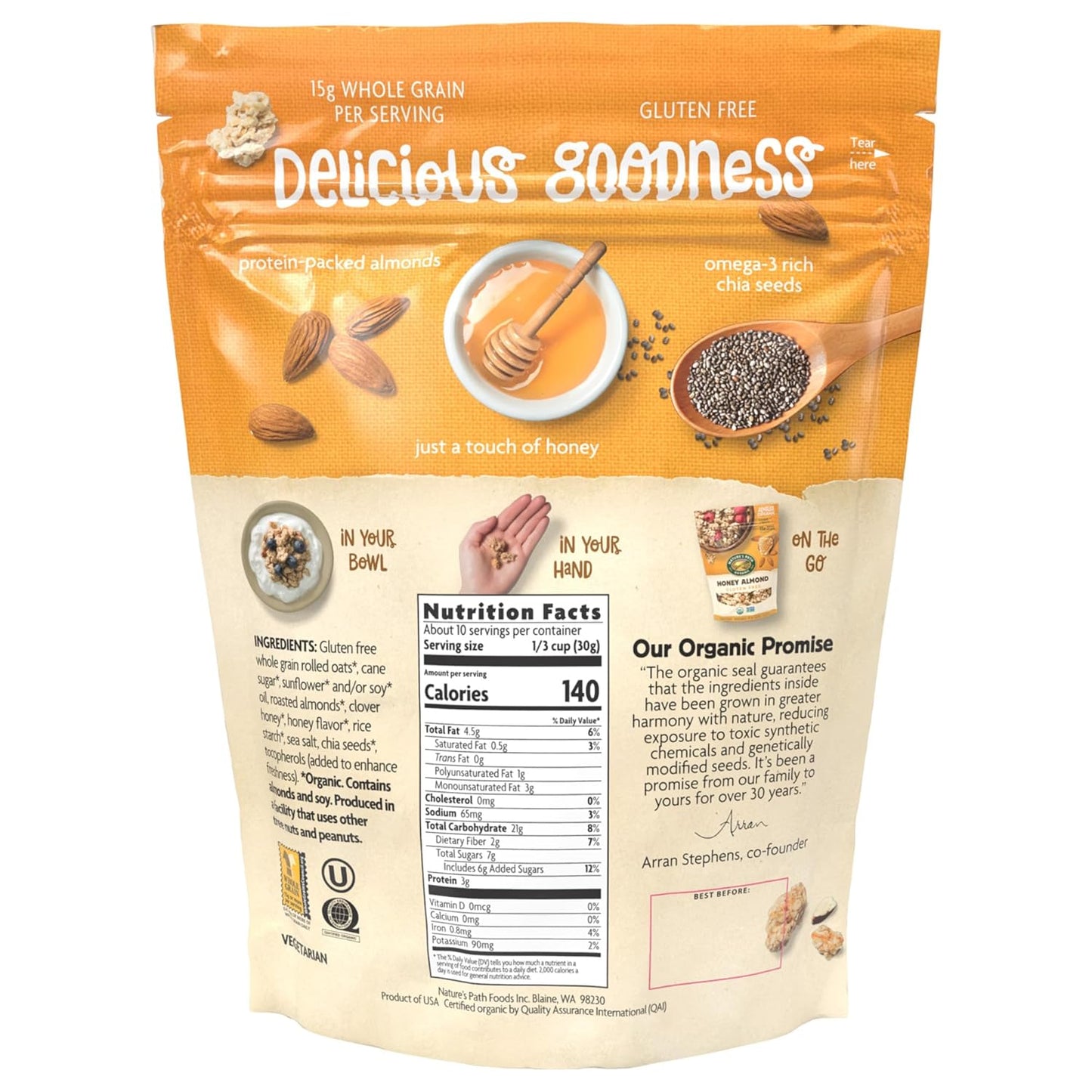 Nature's Path Organic Honey Almond Granola, Case of 8 - 11 Oz Bags