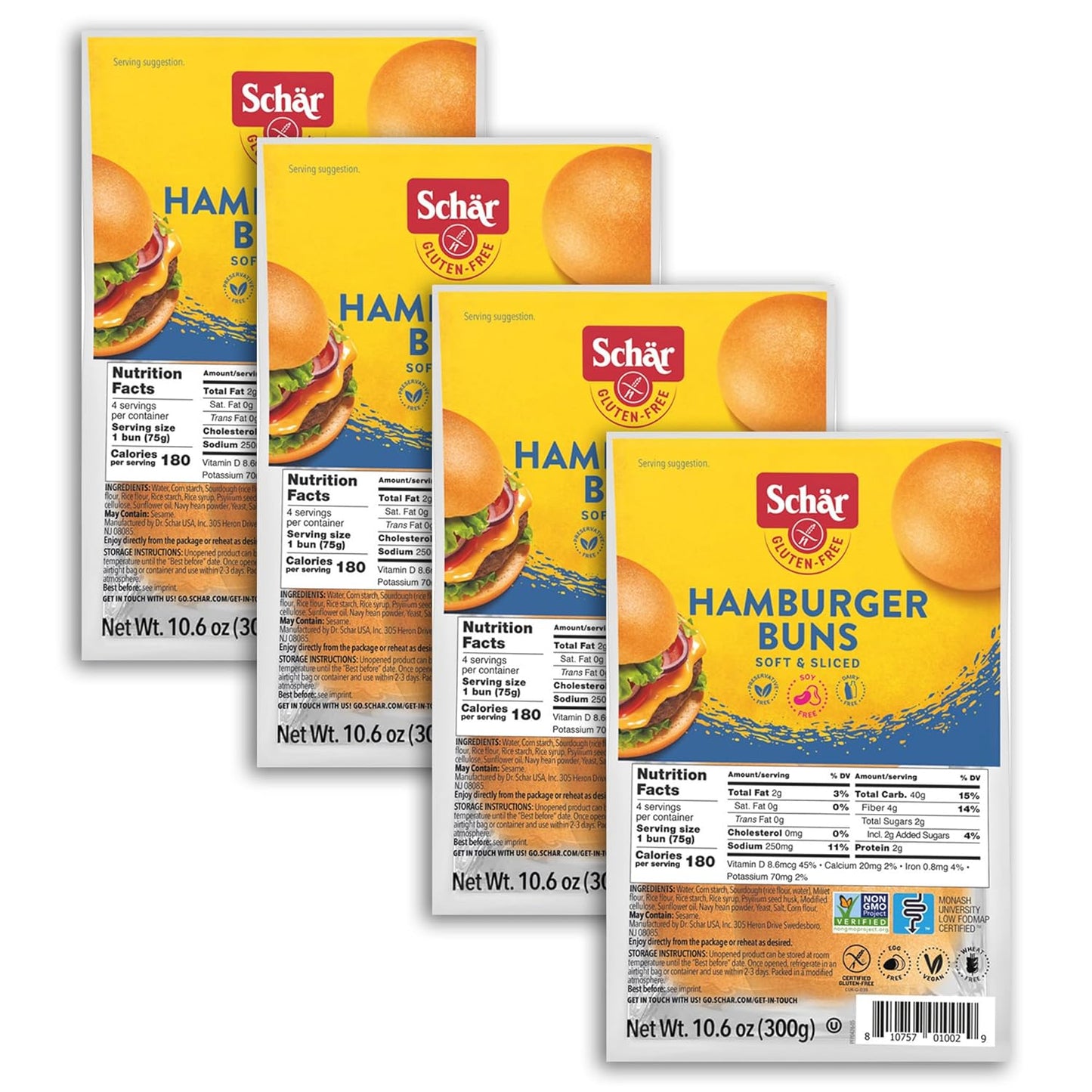Schar Gluten-Free Hamburger Buns, 4 x 10.6 Oz (16 Buns)