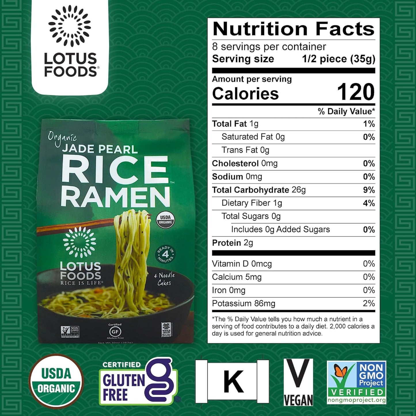 Lotus Foods Organic Jade Pearl Rice Ramen, 4 10 Oz Cakes (Pack of 6)