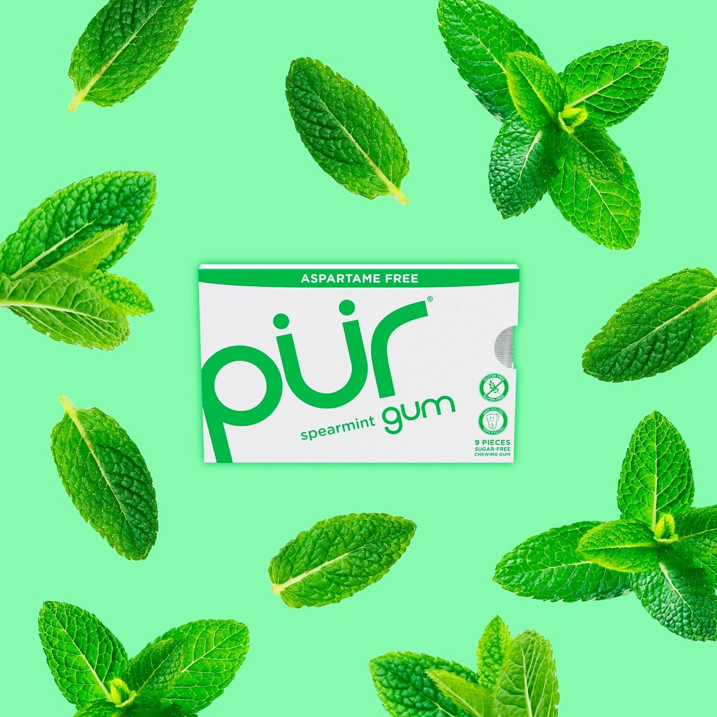 PUR Gum Aspartame-Free Spearmint Gum, 9 Pieces, 12.6g (Pack of 12)