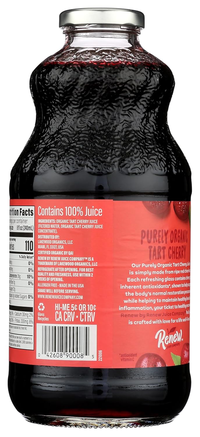 Renew Juice Company Organic Tart Cherry Juice, 32 Fl Oz Bottles, Pack of 6