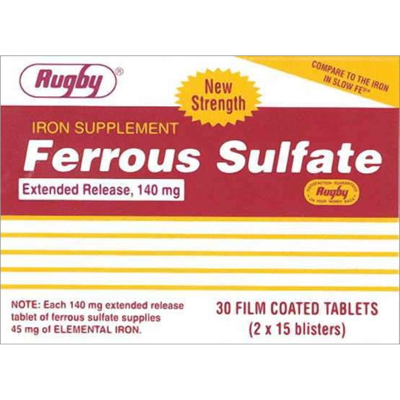 Rugby Iron Ferrous Sulfate Slow Release 45mg Tablets 30 Counts