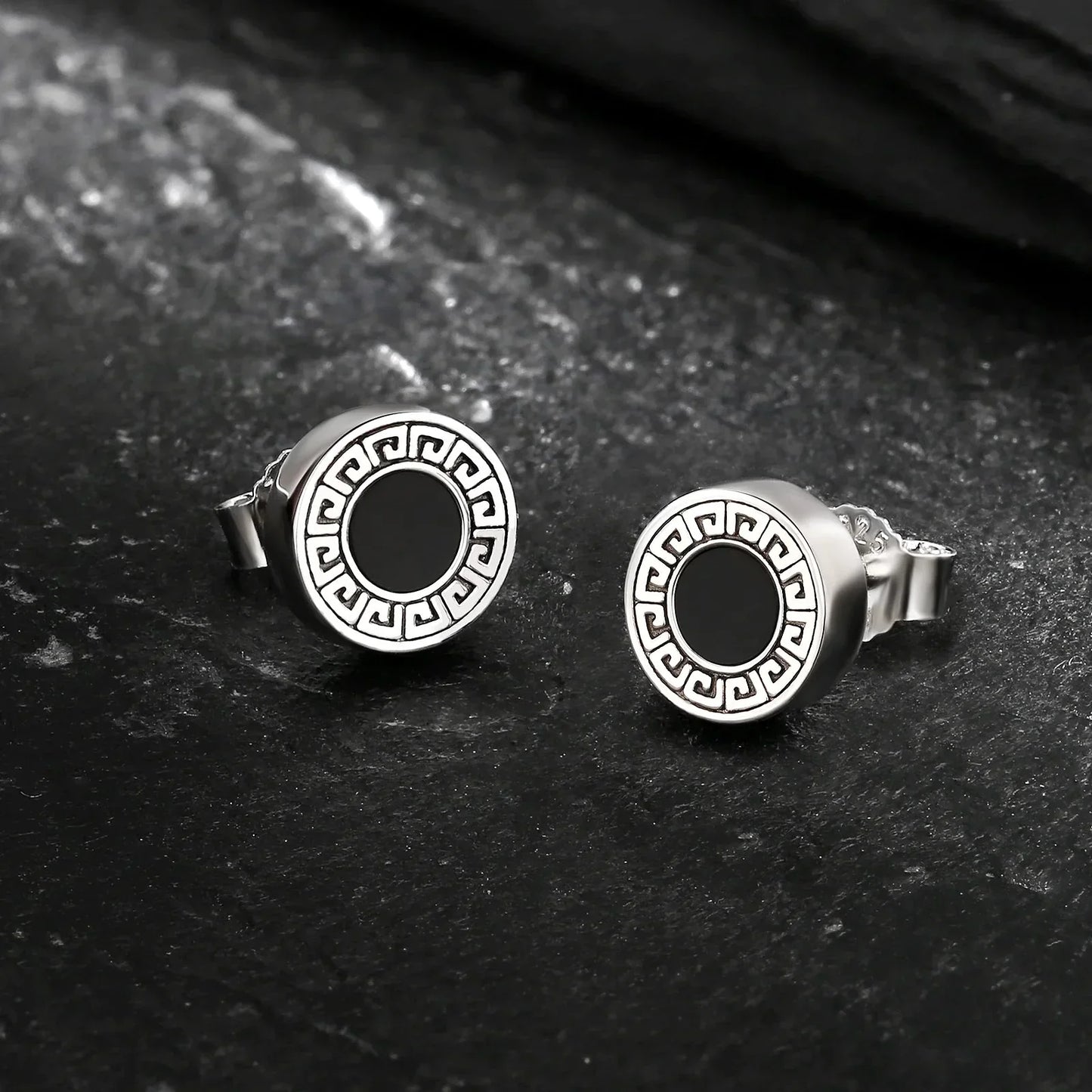 8.5mm Vintage Black Agate Round Diamond Stud Earrings in 925 Sterling Silver by Bling Proud | Urban Jewelry Online Store