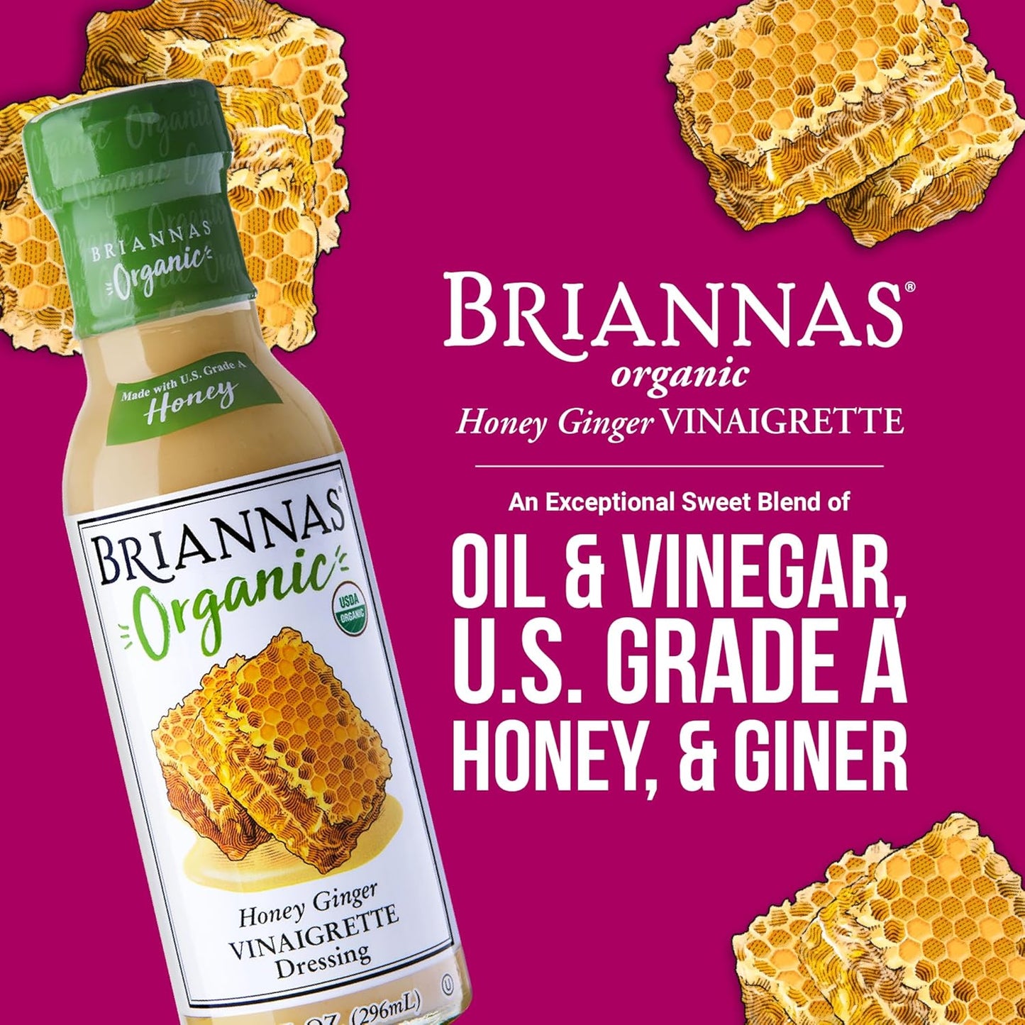 Brianna's Honey Ginger Vanilla Salad Dressing, Pack of 6, 10 Fl Oz