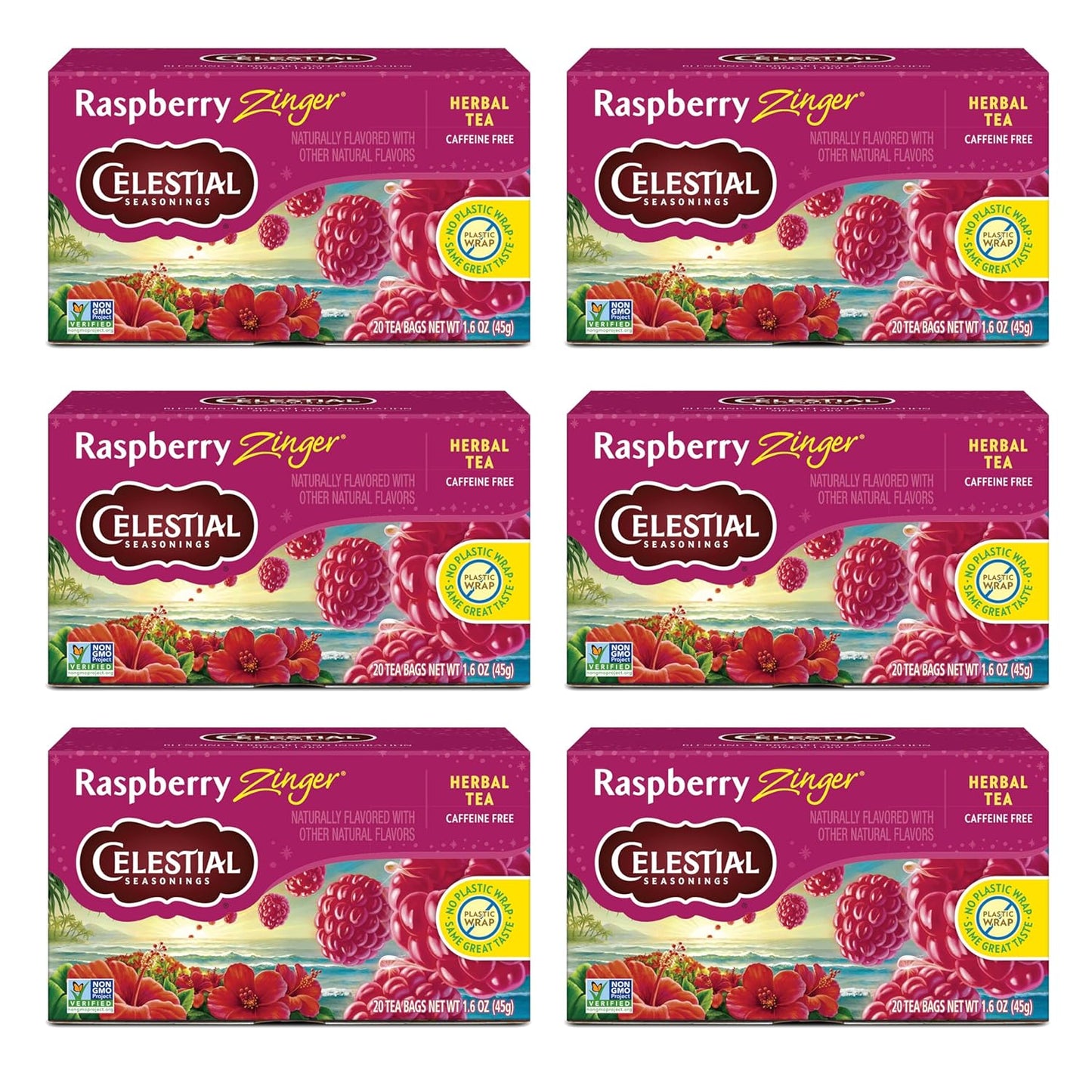 Celestial Seasonings Raspberry Zinger Herbal Tea, Caffeine-Free, 20 Tea Bags, Pack of 6
