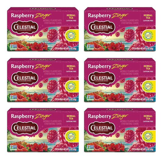 Celestial Seasonings Raspberry Zinger Herbal Tea, Caffeine-Free, 20 Tea Bags, Pack of 6
