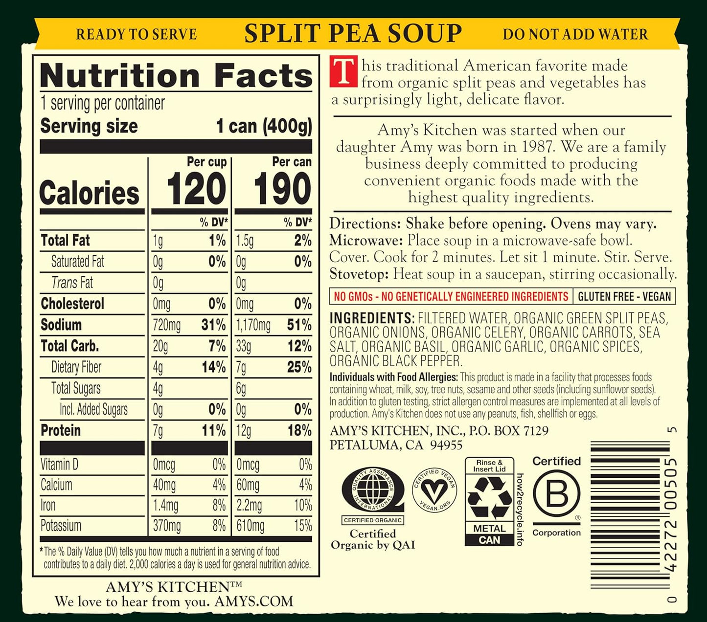 Amy's Organic Low Sodium Split Pea Soup, 14.1 oz, Pack of 12