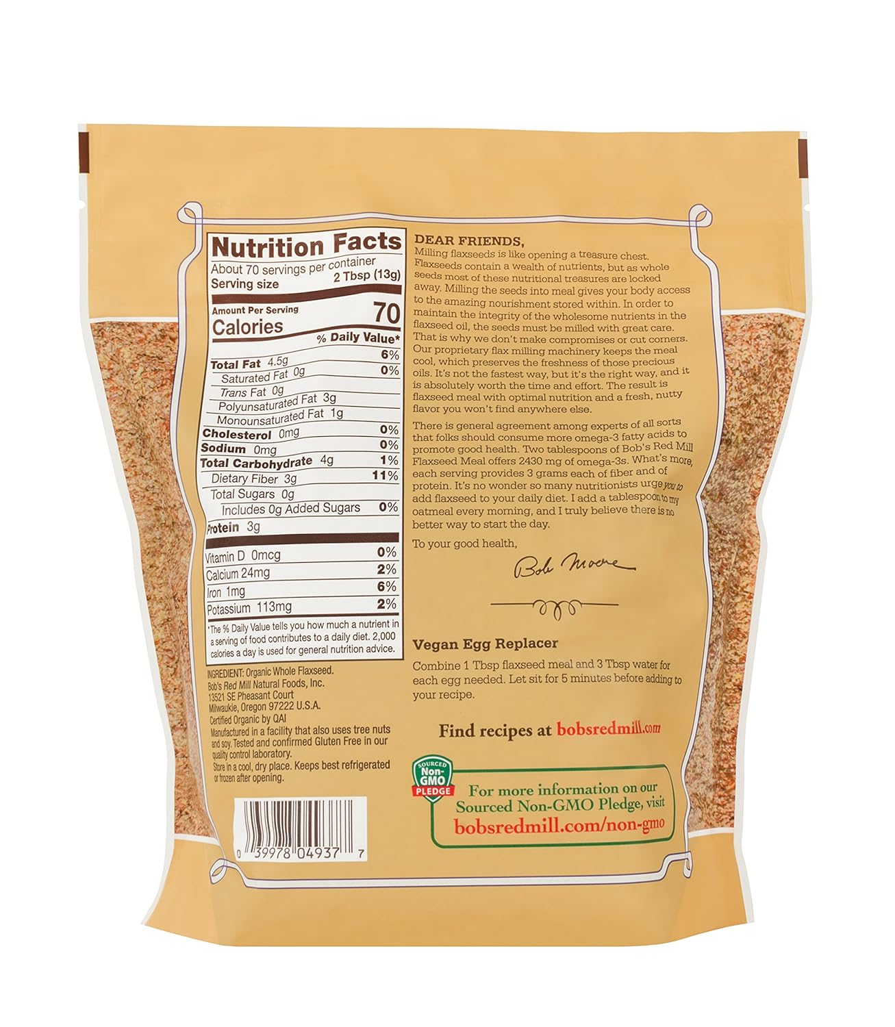 Bob's Red Mill Organic Flaxseed Meal Golden, Pack of 4, 16 Oz