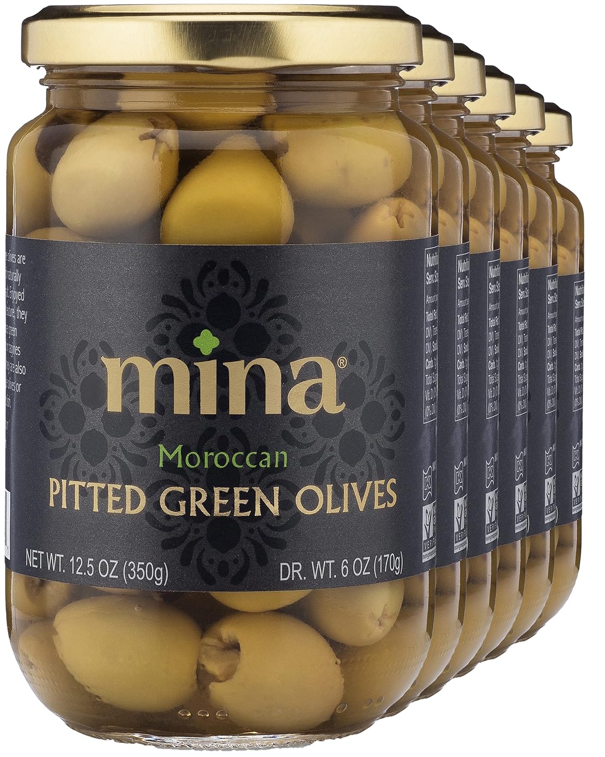 Mina Green Pitted Olives, 12.5 oz., Case of 6 — Mediterranean, Gluten-Free