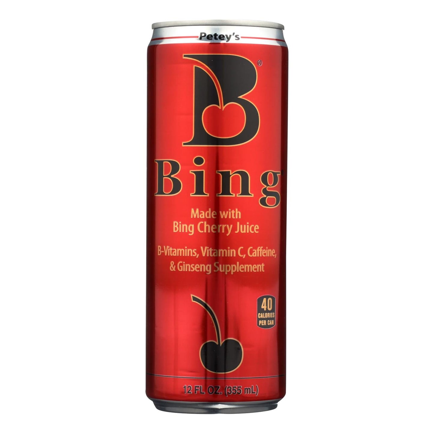 Petey's Bing Supplement: 24-Pack of 12 FZ Bottles with Bing Cherry Juice, B-Vitamins, Vitamin C, Caffeine, and Ginseng