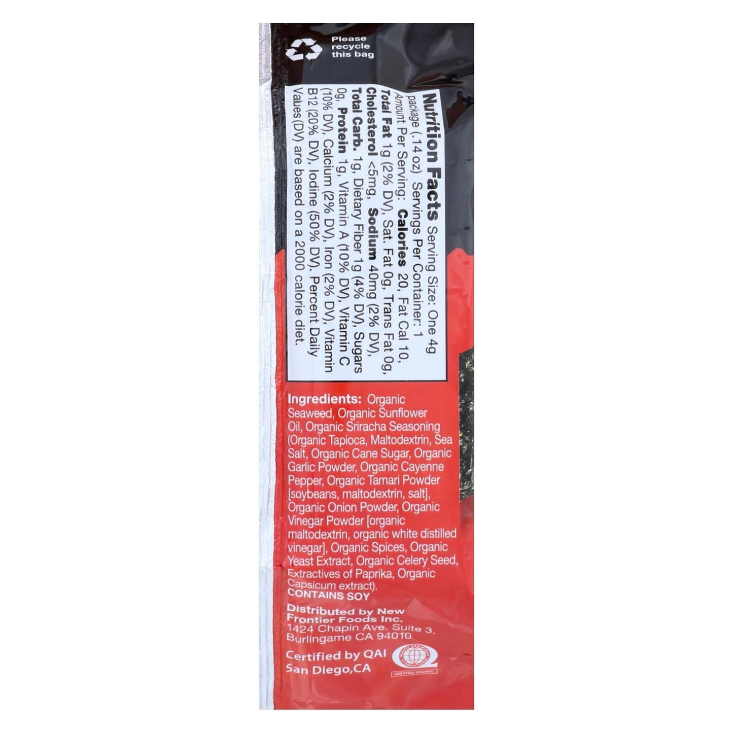 Ocean's Halo Sriracha Seasoned Seaweed, 12-Pack of .14 oz Bags
