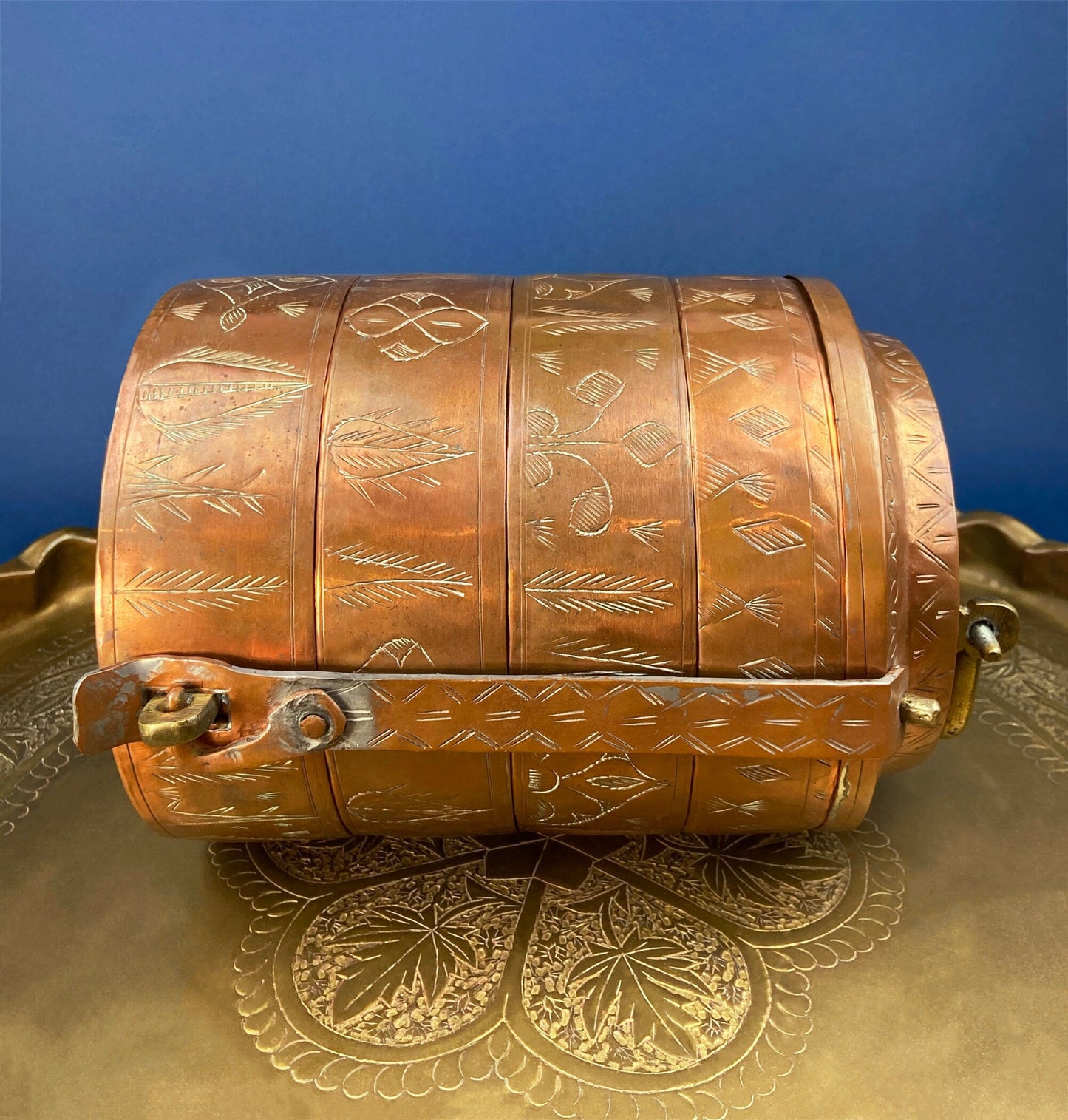 Antique 19th-century Copper and Brass Turkish 4 Stacking Bowls Lunch Box with Handle. Vintage Gifts.