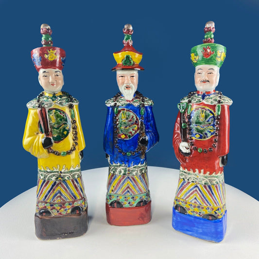 3 Ceramic Sculptures of Asian Royal Advisors or Immortals. Collection of Large Figurines of Asian Men in Traditional Chinese Clothing. Home Decor.
