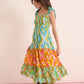 Jade Geometric Drop Waist Dress In Green And Orange
