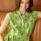 Bohera Leaf Whorl Printed Button Front Sleeveless Midi Dress in Laurel Green