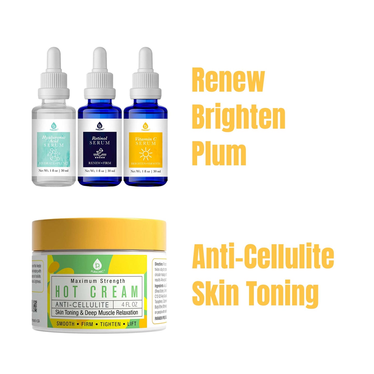 Ultimate Skin Care Duo: Anti Cellulite & Muscle Relaxation Hot Cream + Anti-Aging Serum Set by Pursonic