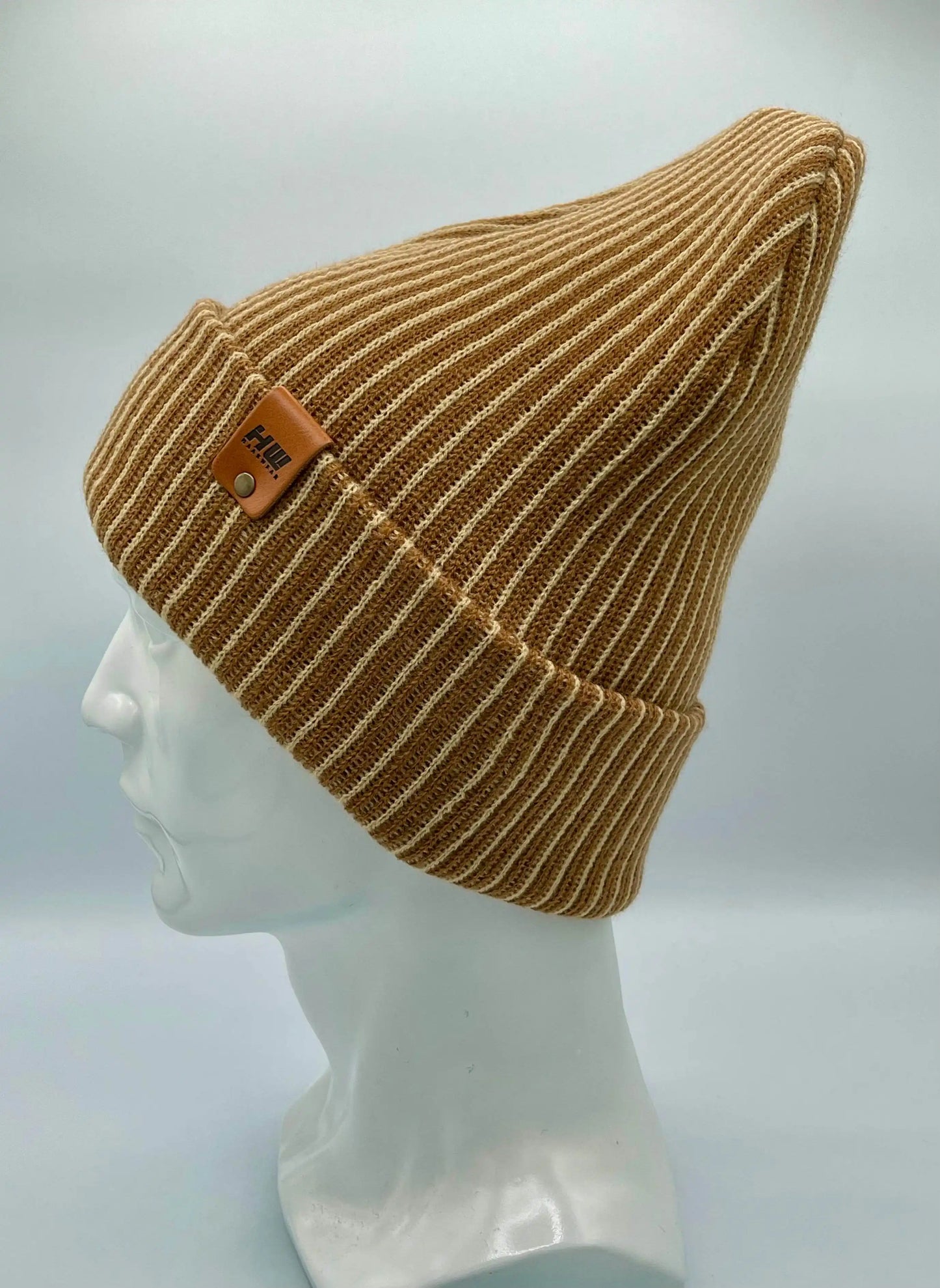 Cuffed Wide Ribbed Striped Beanie, Contrast, Beige and Brown, Classic Beanie